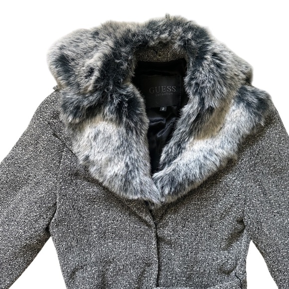 Guess Gray Winter Coat Faux Fur Collar Wool Blend Long Belted Pockets Women’s 2 - Picture 7 of 13
